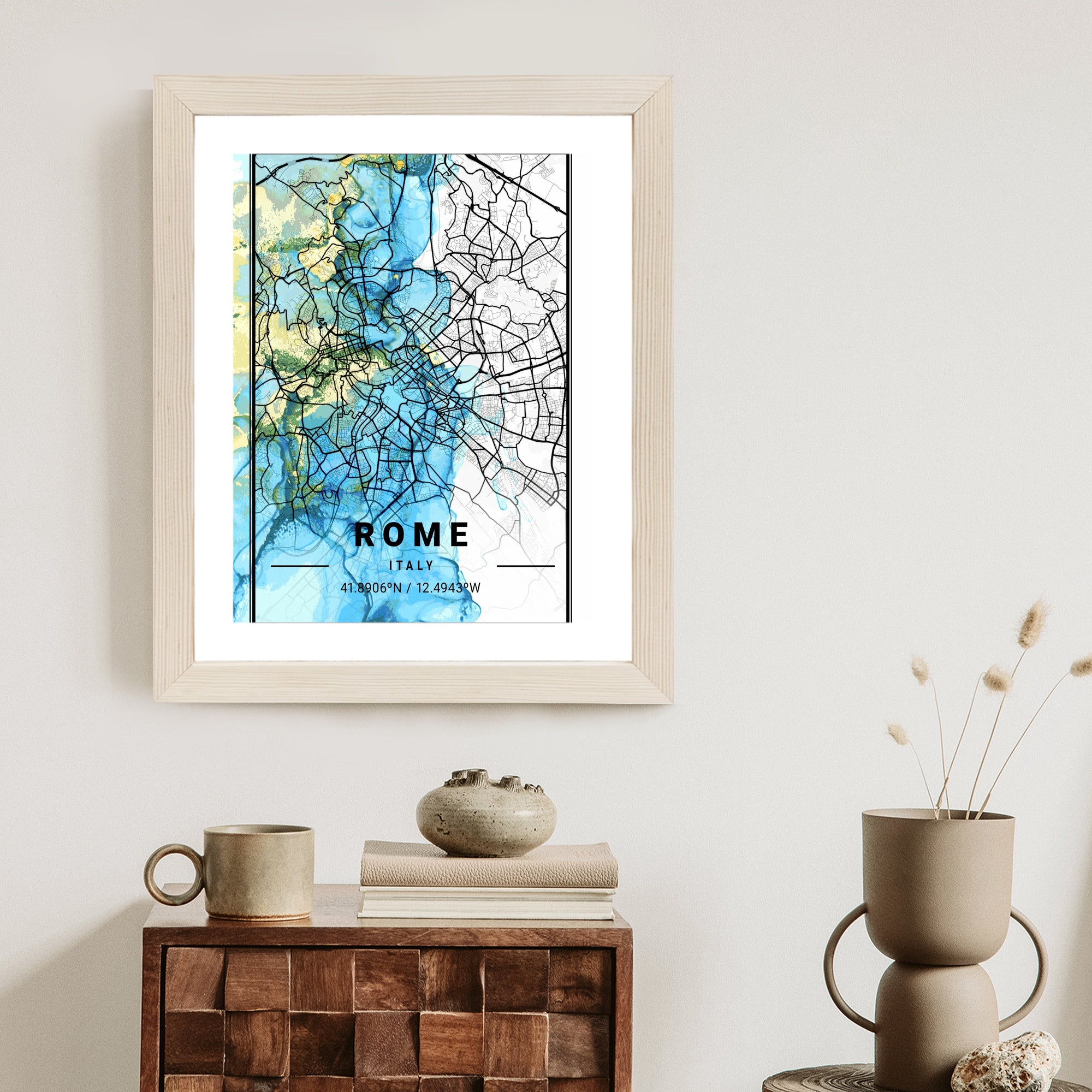 Plakat Mapa Rzymu Na Abstrakcyjnym Marmurowym Tle Rama Aluminiowa Kolor Czarny