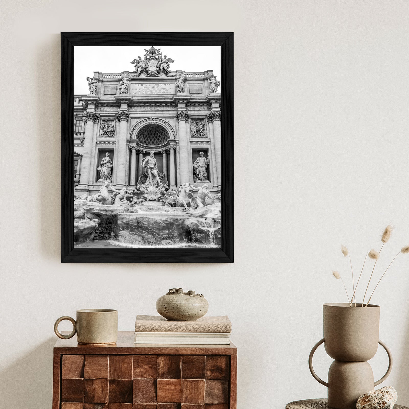 Plakat Fontanna Di Trevi W Rzymie Z Posągami W Czerni I Bieli Rama Aluminiowa Kolor Czarny