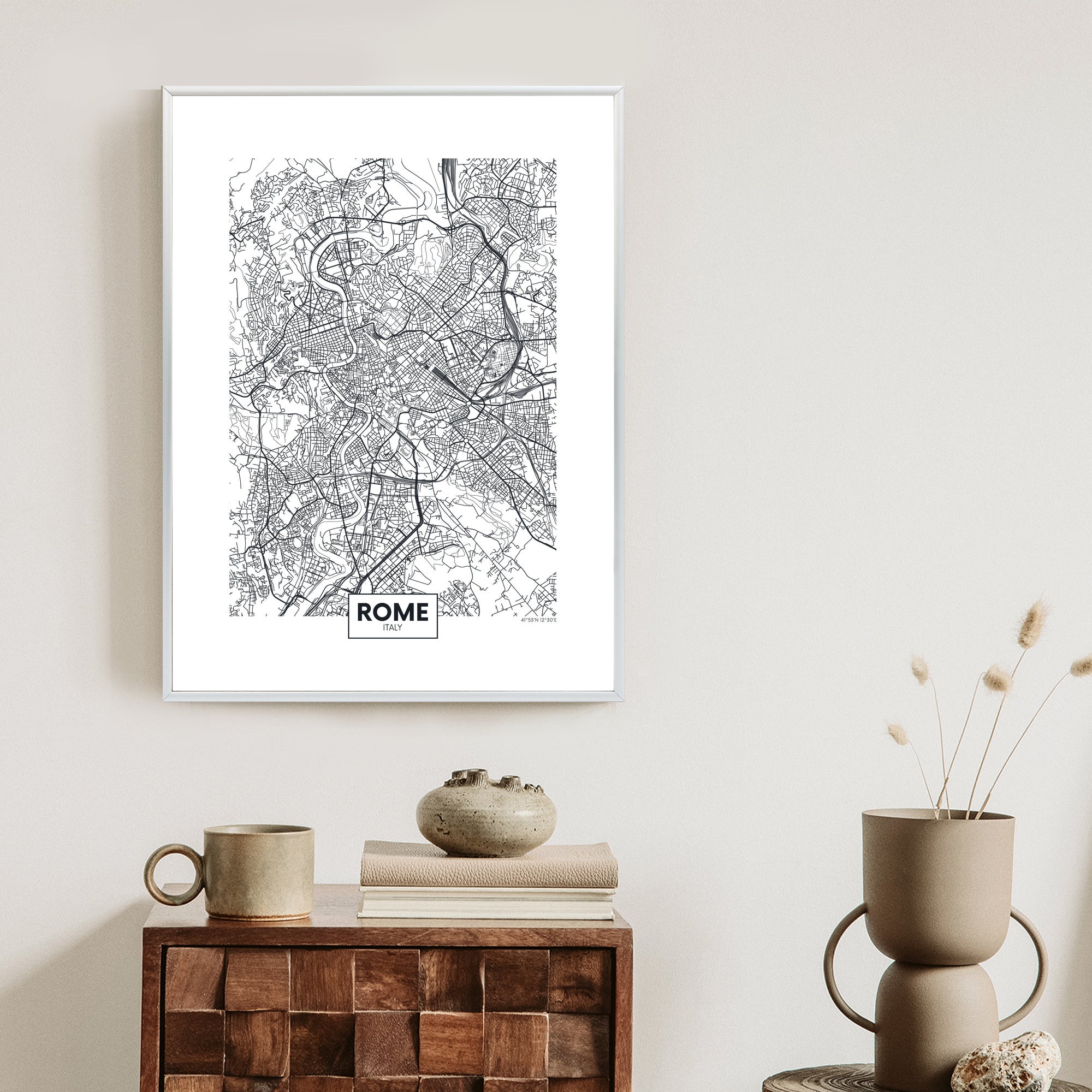 Plakat Rzym Czarno Biała Mapa Miasta Rama Aluminiowa Kolor Czarny