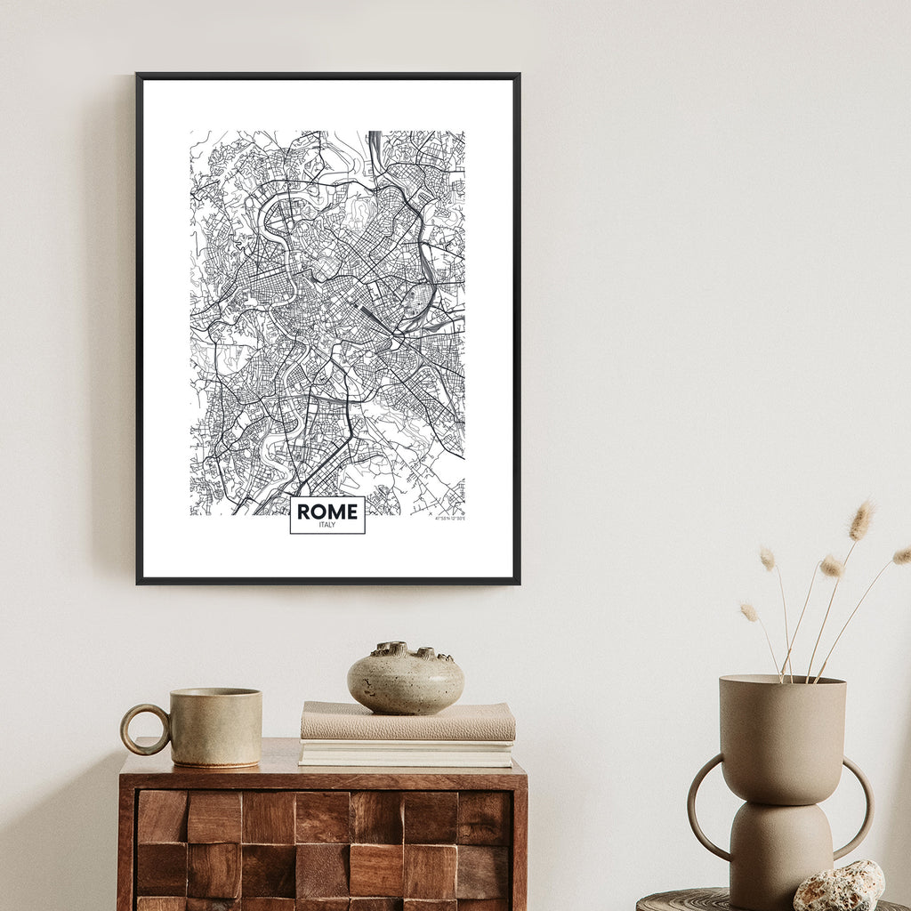 Plakat Rzym Czarno Biała Mapa Miasta Rama Aluminiowa Kolor Czarny