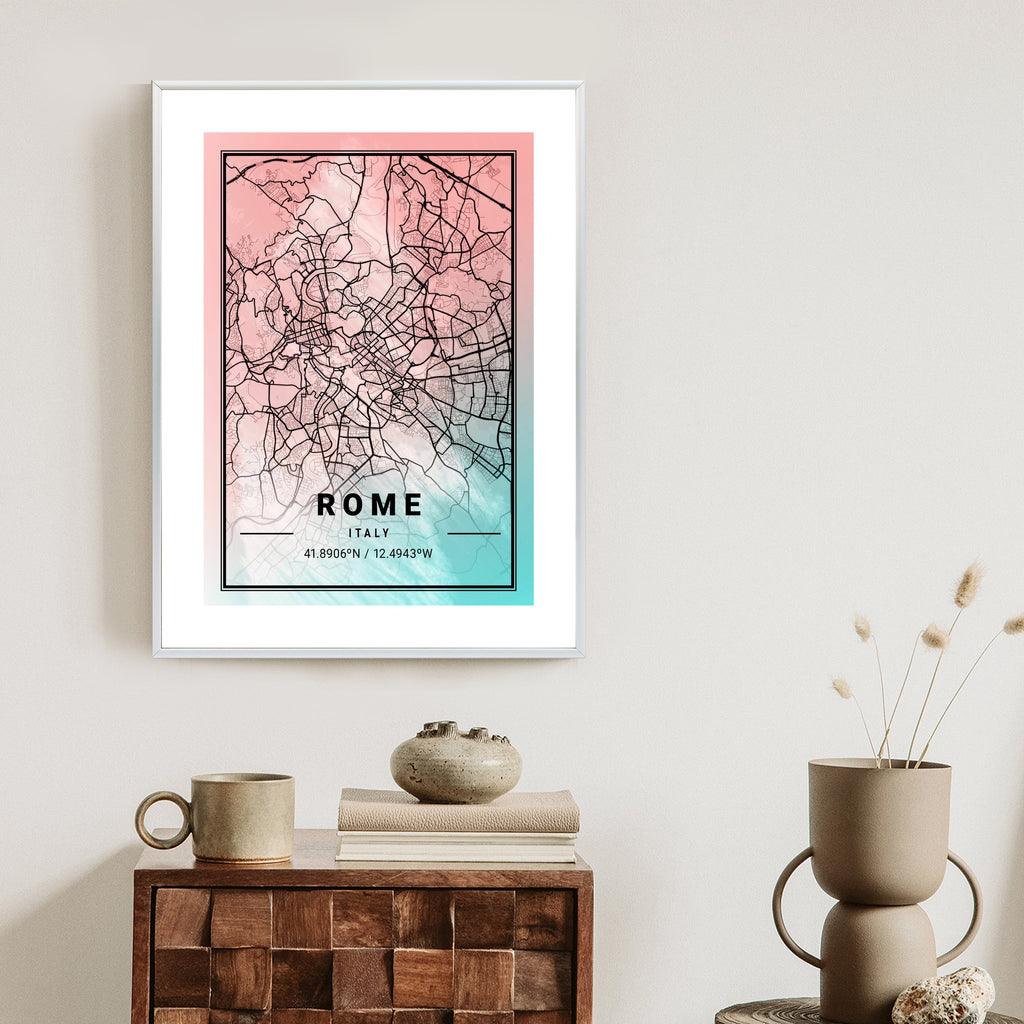Plakat Mapa Rzymu Na Akwarelowym Tle Rama Aluminiowa Kolor Czarny