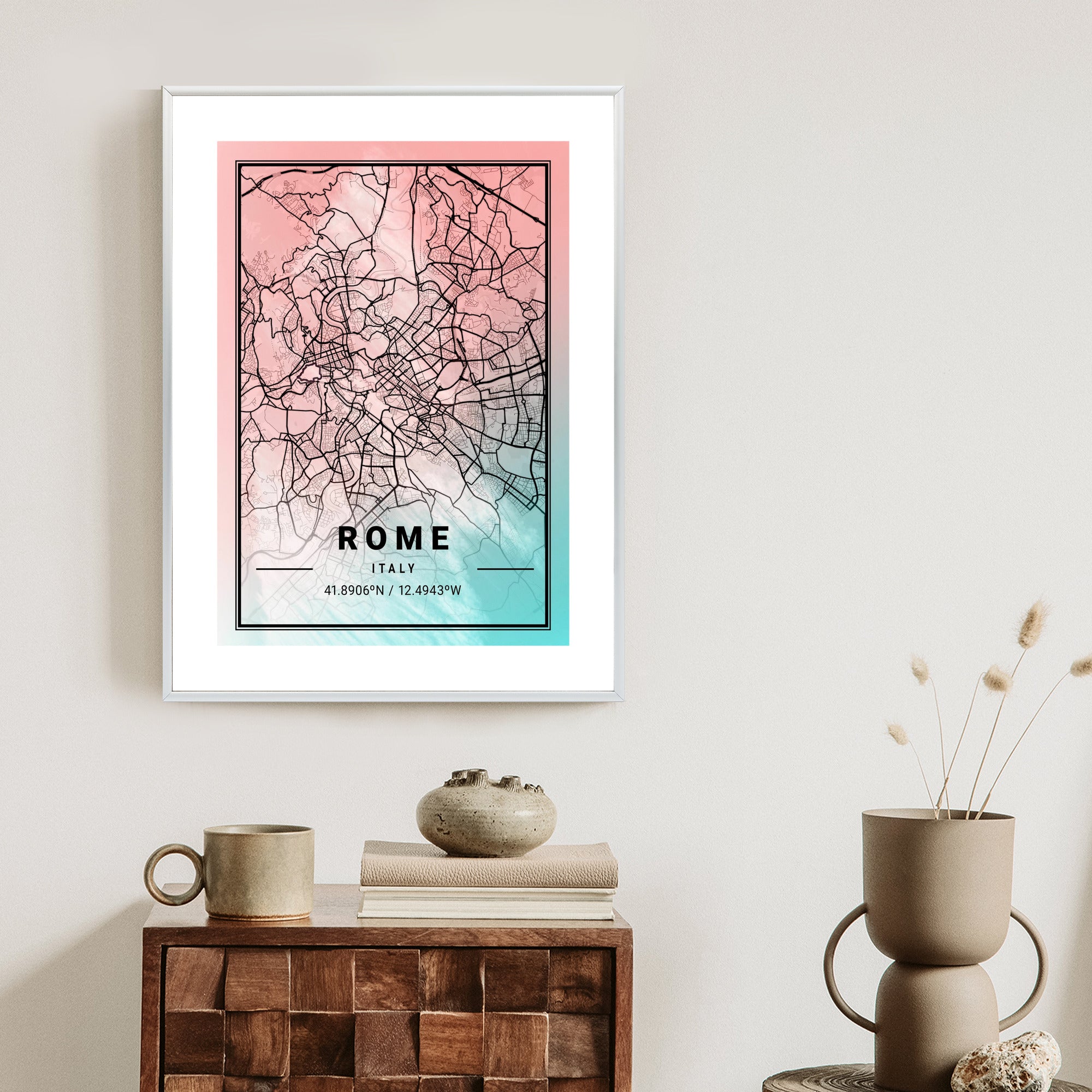Plakat Mapa Rzymu Na Akwarelowym Tle Rama Aluminiowa Kolor Czarny