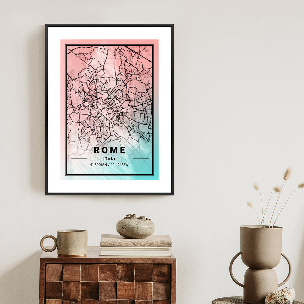 Plakat Mapa Rzymu Na Akwarelowym Tle Rama Aluminiowa Kolor Czarny