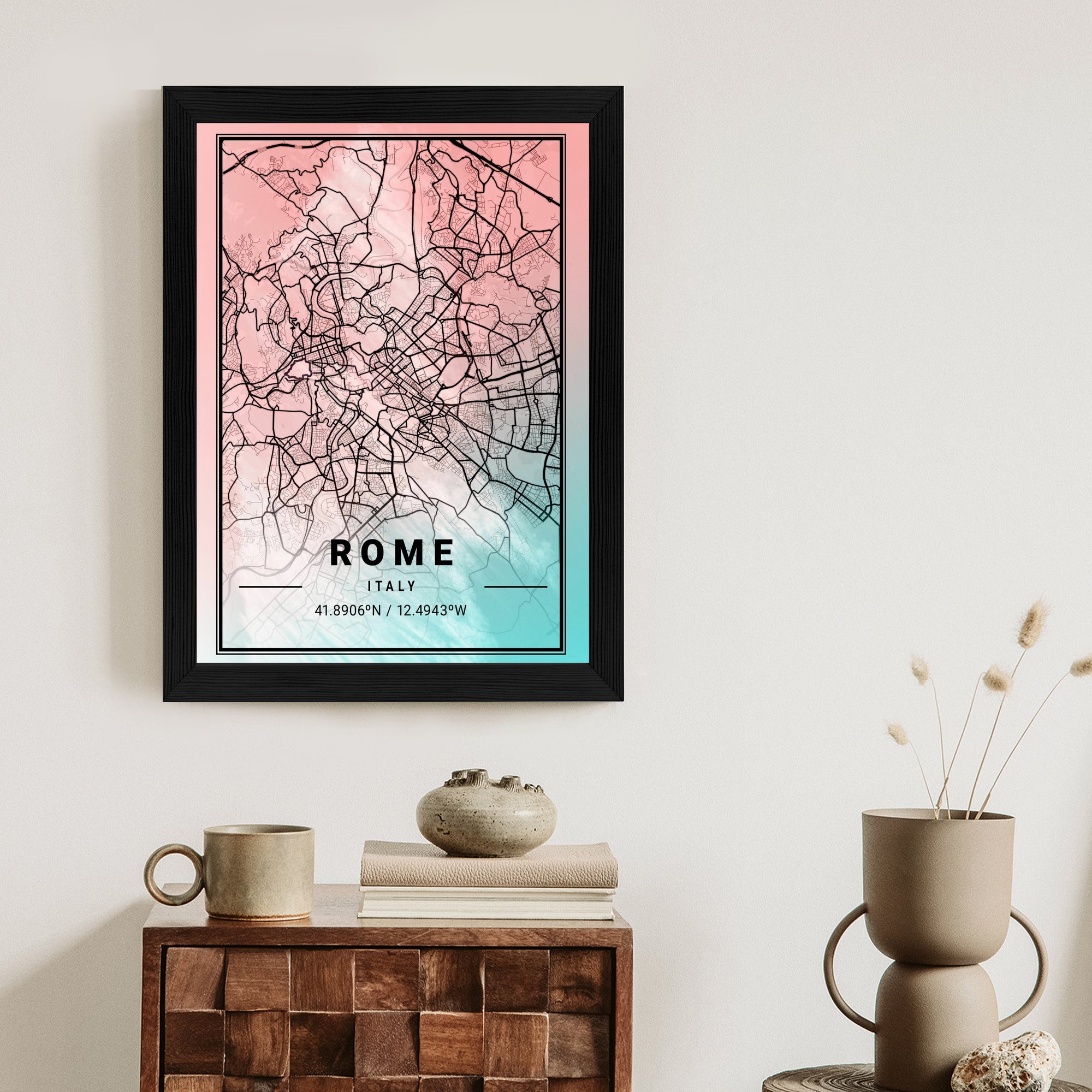 Plakat Mapa Rzymu Na Akwarelowym Tle Rama Aluminiowa Kolor Czarny