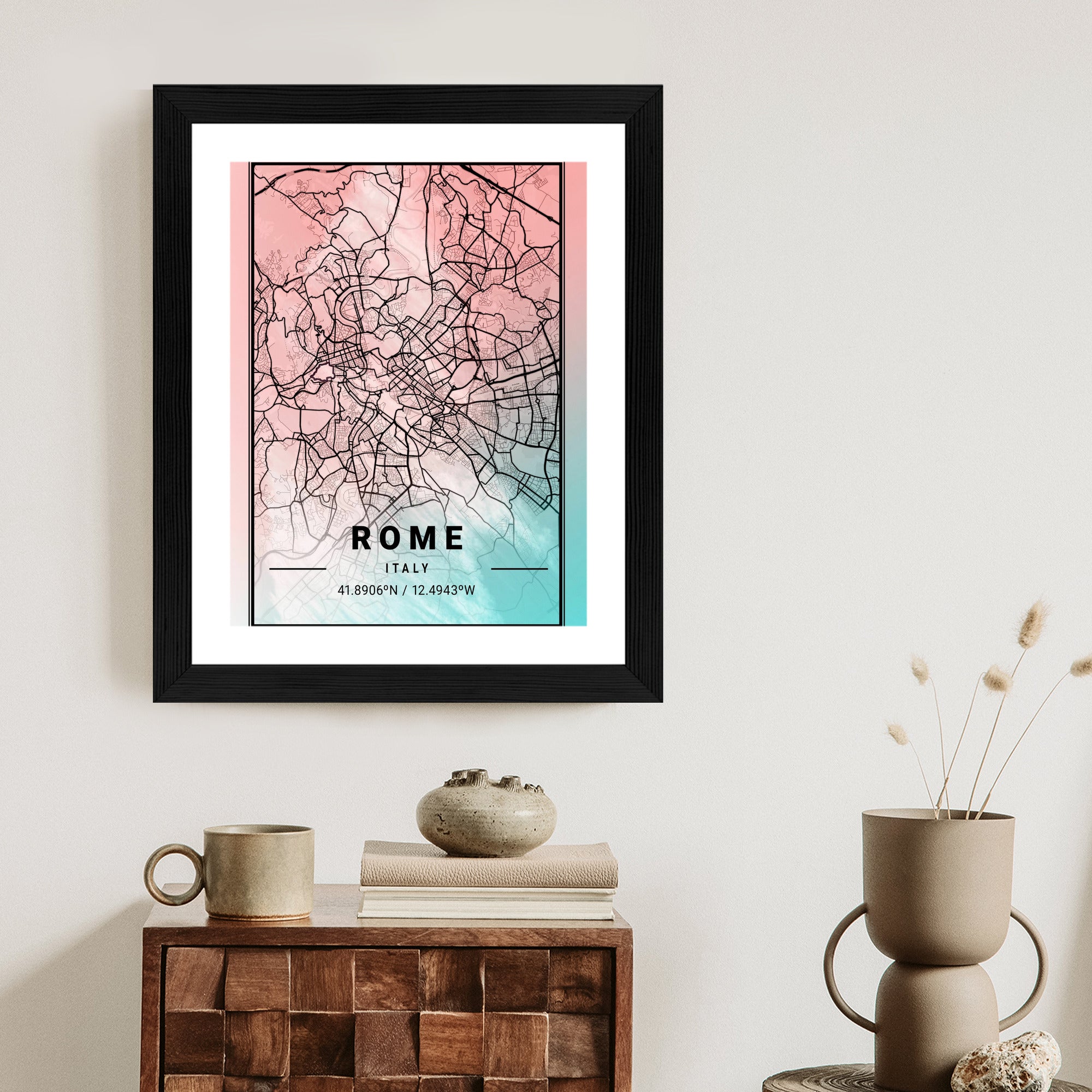 Plakat Mapa Rzymu Na Akwarelowym Tle Rama Aluminiowa Kolor Czarny