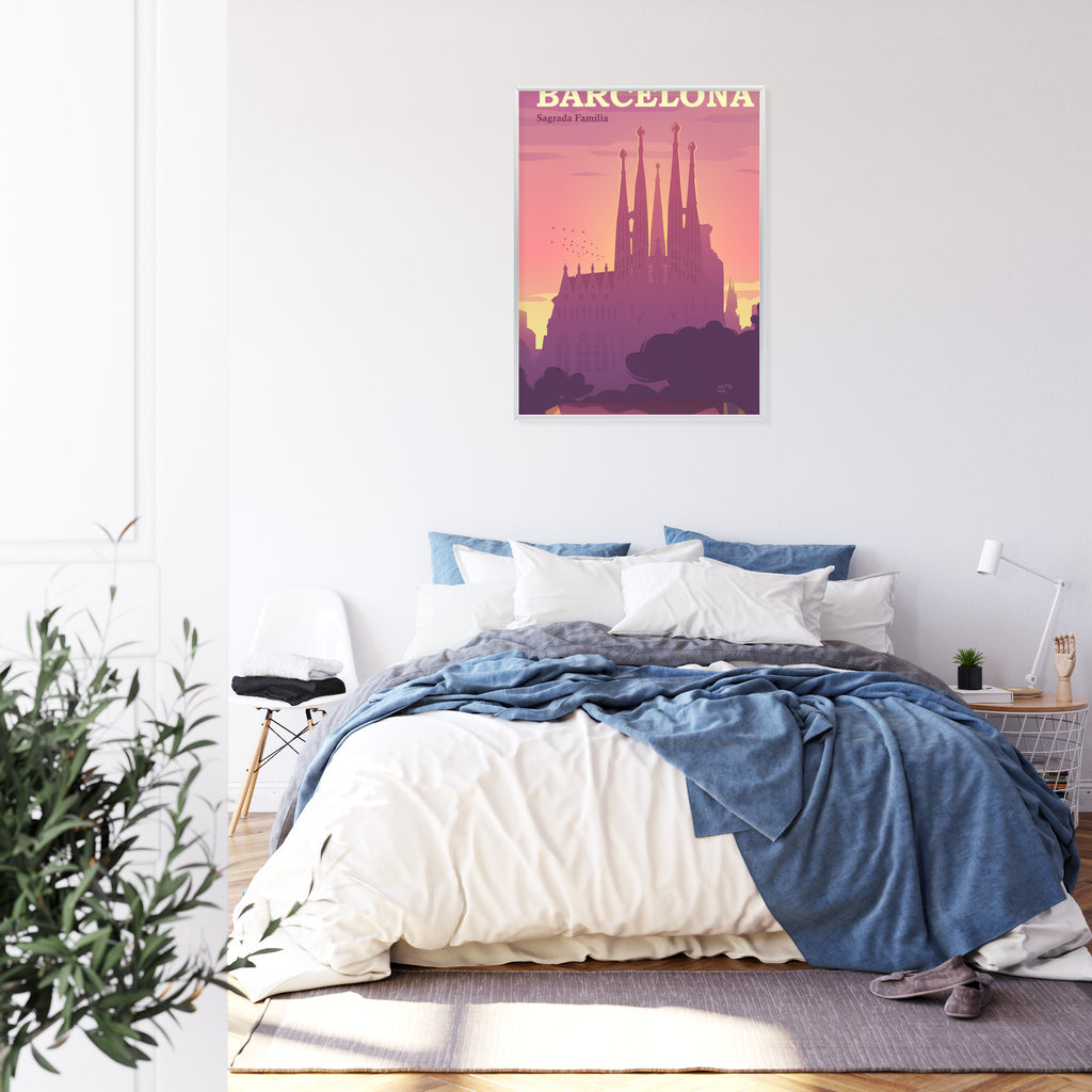 Plakat Barcelona Sagrada Familia Różowa Ilustracja O Zachodzie Słońca Rama Aluminiowa Kolor Czarny
