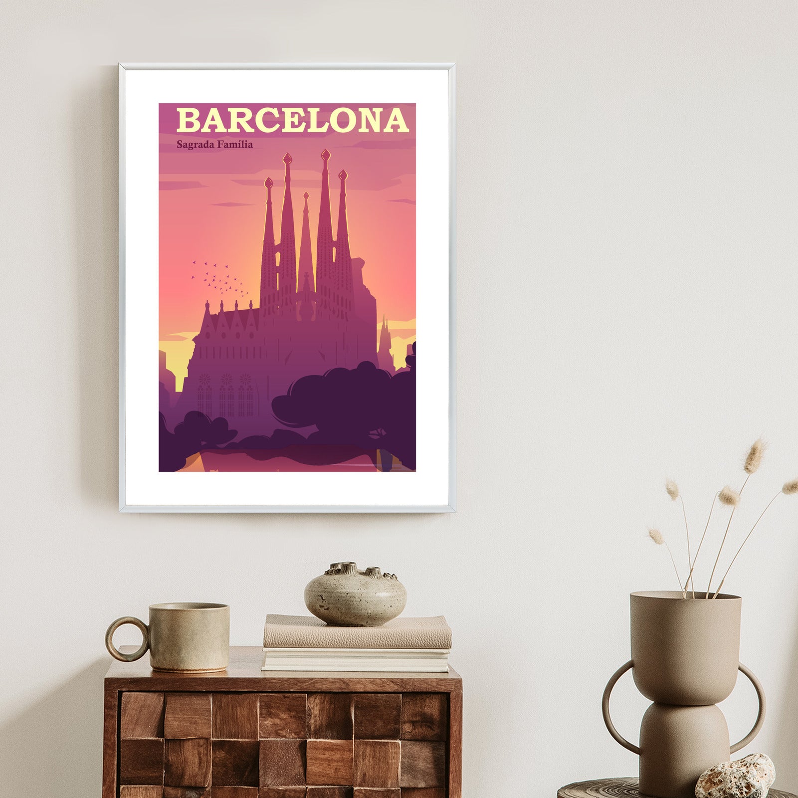 Plakat Barcelona Sagrada Familia Różowa Ilustracja O Zachodzie Słońca Rama Aluminiowa Kolor Czarny