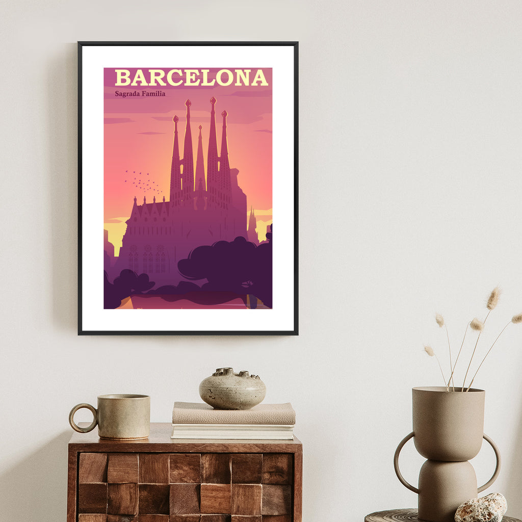 Plakat Barcelona Sagrada Familia Różowa Ilustracja O Zachodzie Słońca Rama Aluminiowa Kolor Czarny