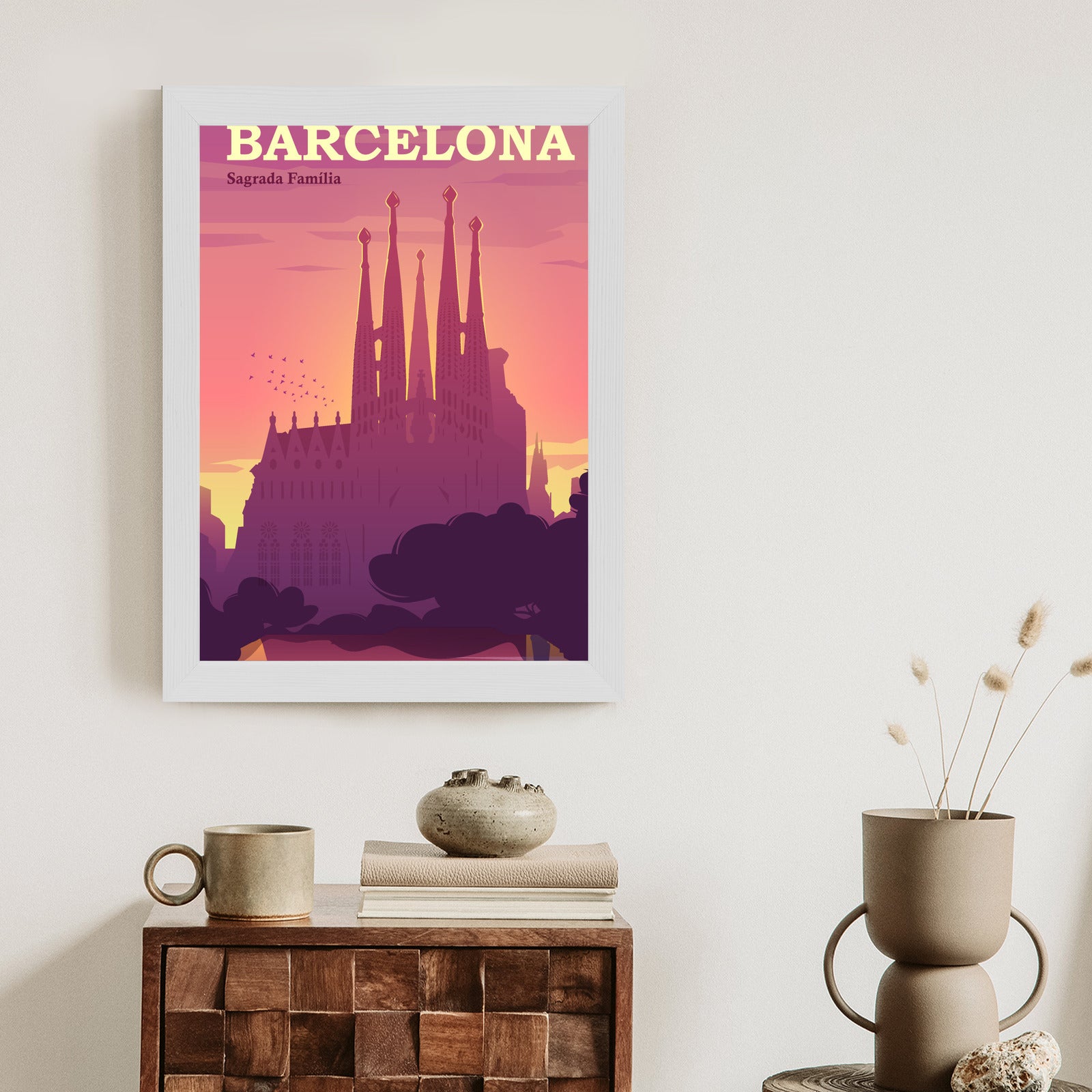 Plakat Barcelona Sagrada Familia Różowa Ilustracja O Zachodzie Słońca Rama Aluminiowa Kolor Czarny