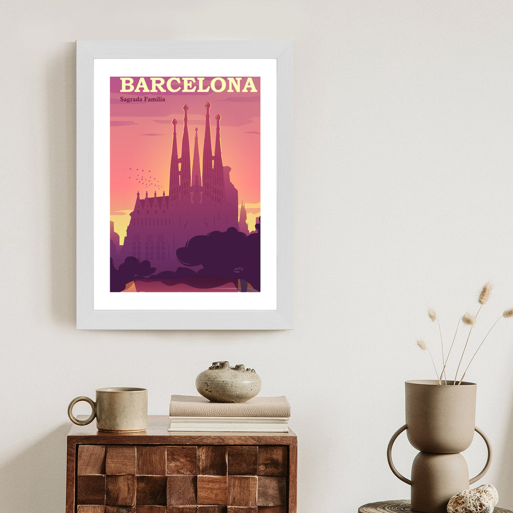 Plakat Barcelona Sagrada Familia Różowa Ilustracja O Zachodzie Słońca Rama Aluminiowa Kolor Czarny