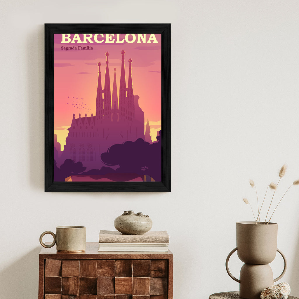 Plakat Barcelona Sagrada Familia Różowa Ilustracja O Zachodzie Słońca Rama Aluminiowa Kolor Czarny