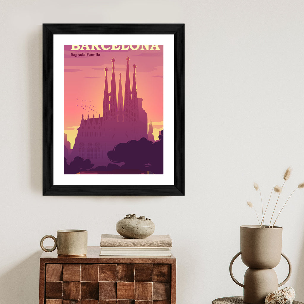 Plakat Barcelona Sagrada Familia Różowa Ilustracja O Zachodzie Słońca Rama Aluminiowa Kolor Czarny