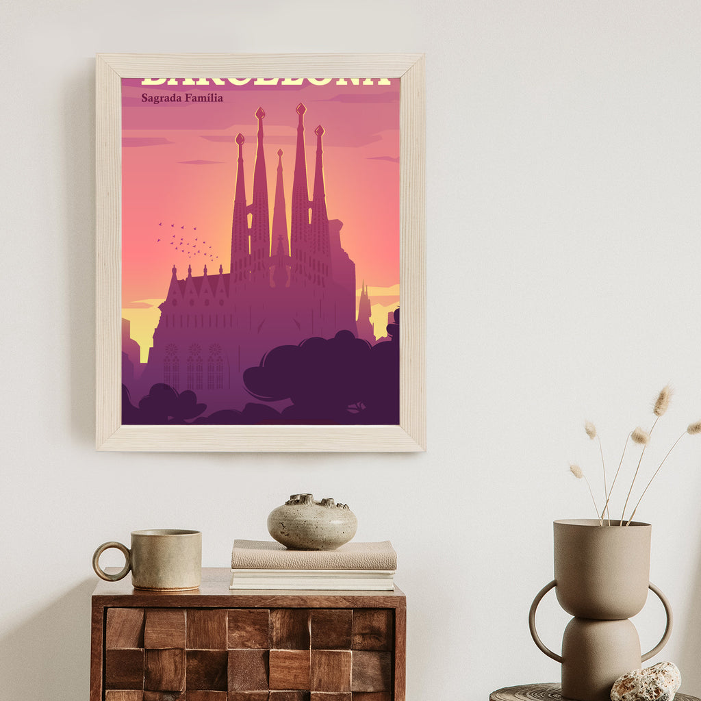Plakat Barcelona Sagrada Familia Różowa Ilustracja O Zachodzie Słońca Rama Aluminiowa Kolor Czarny