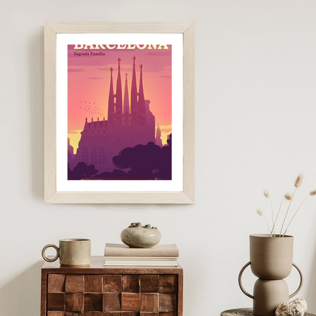Plakat Barcelona Sagrada Familia Różowa Ilustracja O Zachodzie Słońca Rama Aluminiowa Kolor Czarny