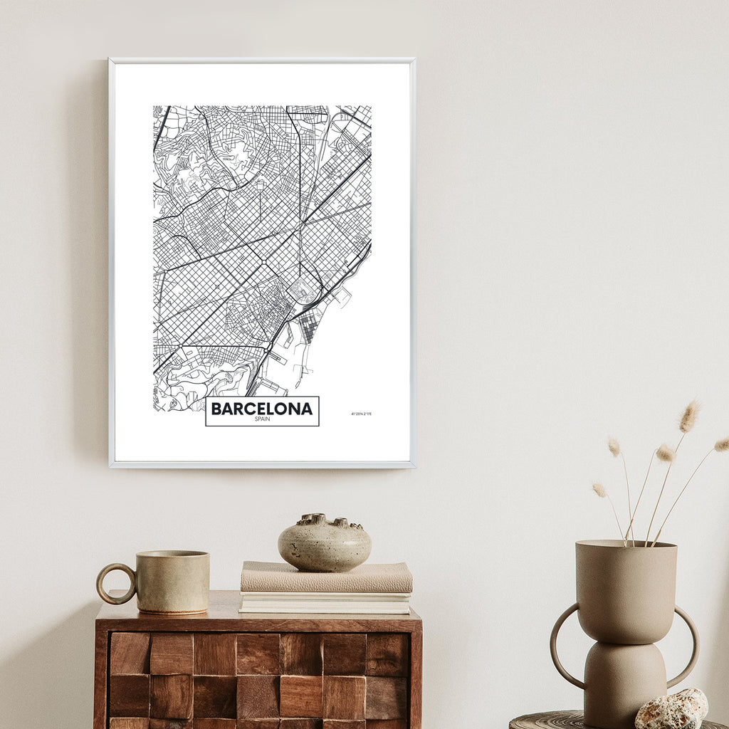 Plakat Czarno-Biała Mapa Barcelony Rama Aluminiowa Kolor Czarny