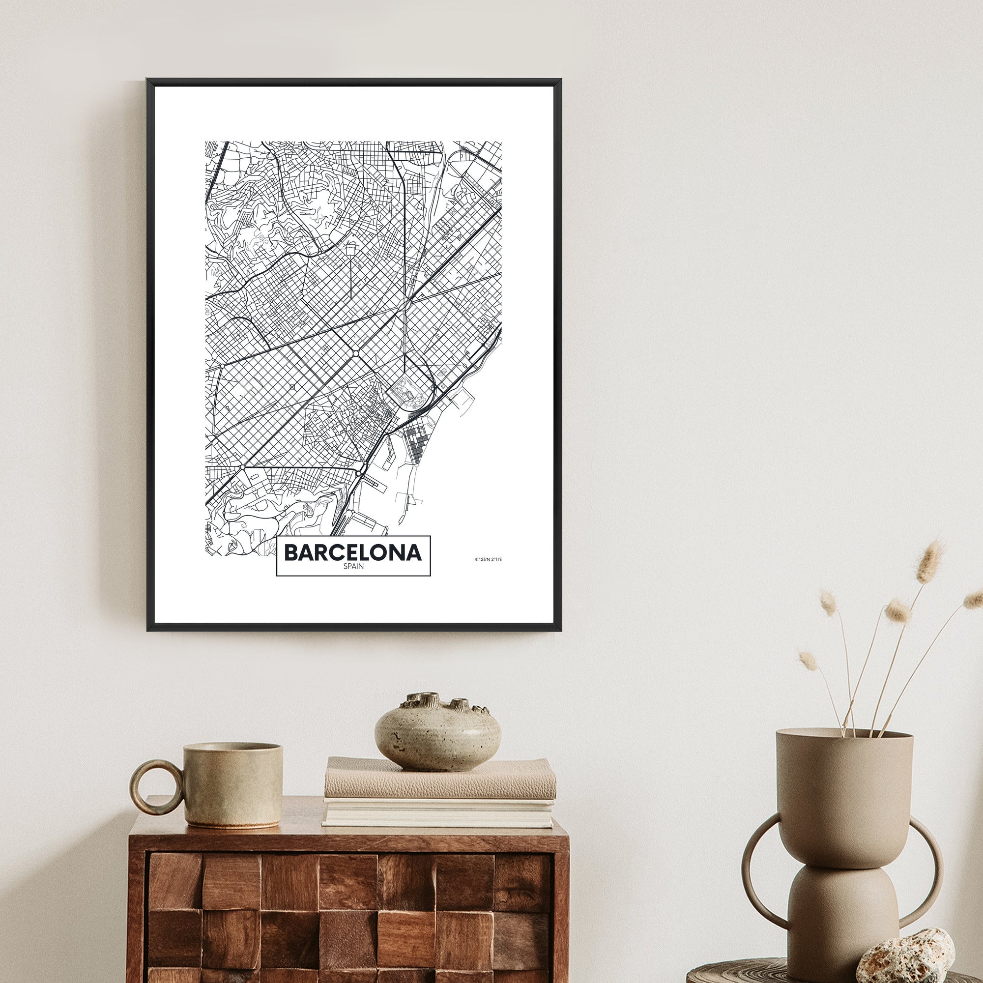 Plakat Czarno-Biała Mapa Barcelony Rama Aluminiowa Kolor Czarny