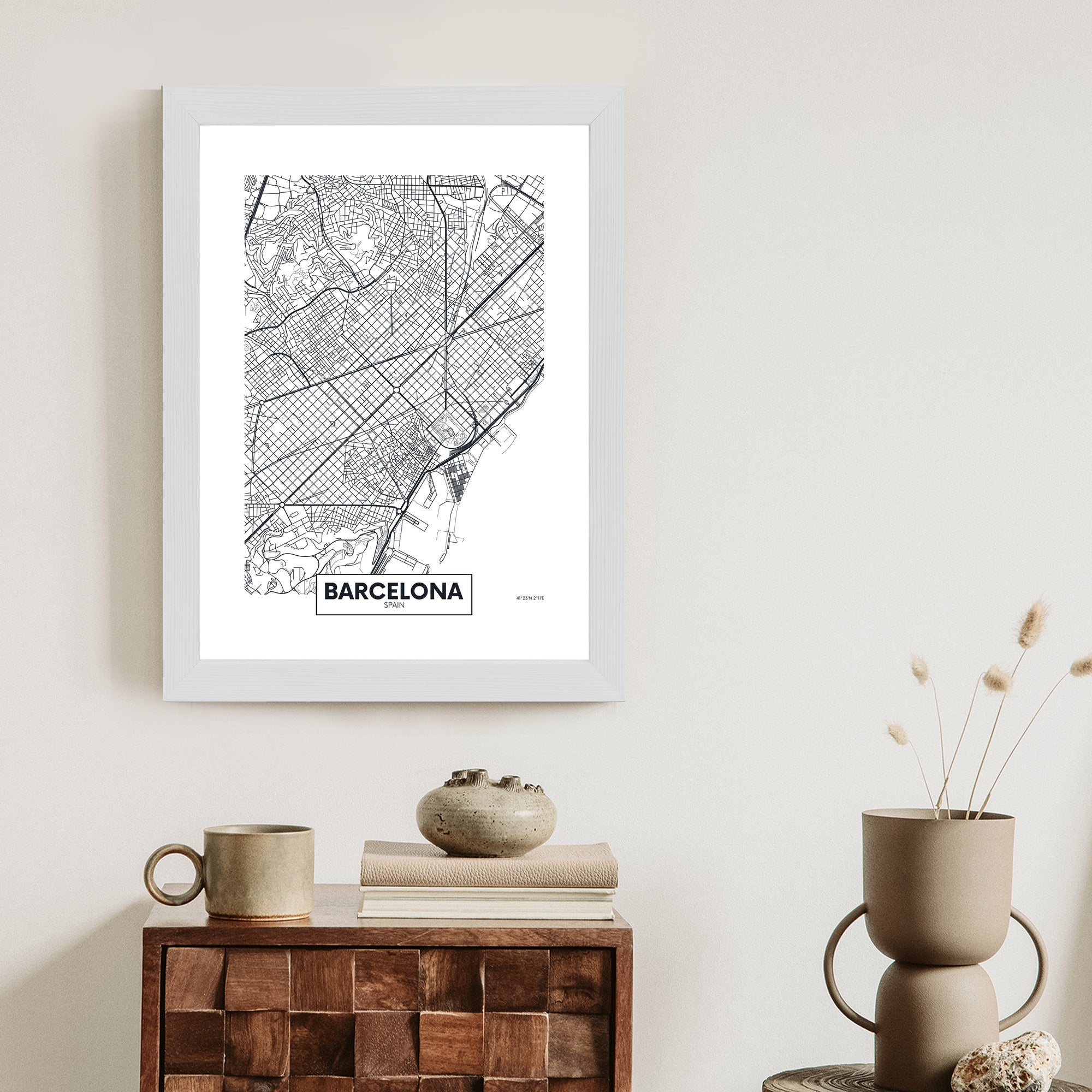 Plakat Czarno-Biała Mapa Barcelony Rama Aluminiowa Kolor Czarny