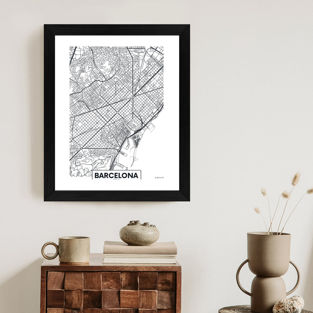 Plakat Czarno-Biała Mapa Barcelony Rama Aluminiowa Kolor Czarny