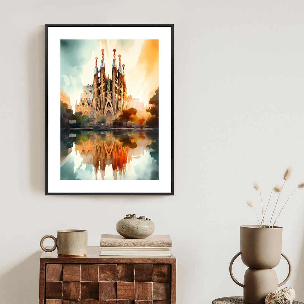 Plakat Kościół Sagrada Familia Malowany Akwarelą Rama Aluminiowa Kolor Czarny
