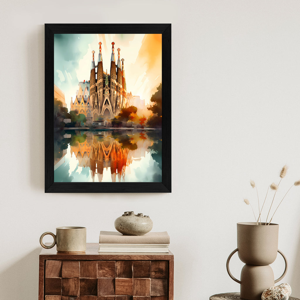 Plakat Kościół Sagrada Familia Malowany Akwarelą Rama Aluminiowa Kolor Czarny