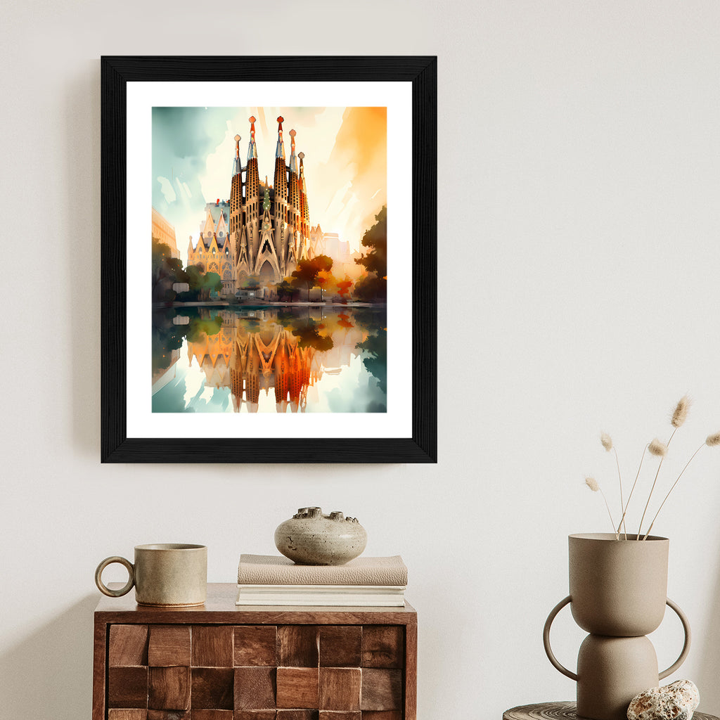 Plakat Kościół Sagrada Familia Malowany Akwarelą Rama Aluminiowa Kolor Czarny