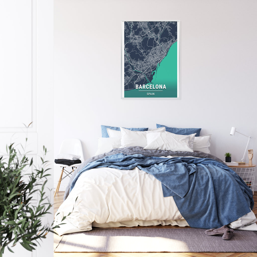 Plakat Granatowa Mapa Barcelony Rama Aluminiowa Kolor Czarny
