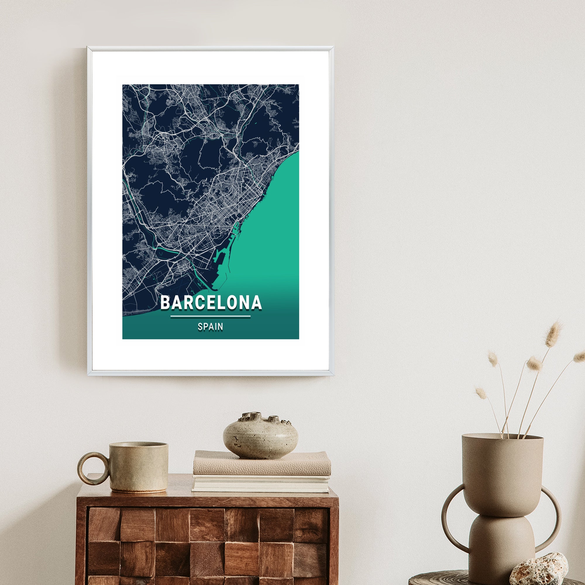Plakat Granatowa Mapa Barcelony Rama Aluminiowa Kolor Czarny