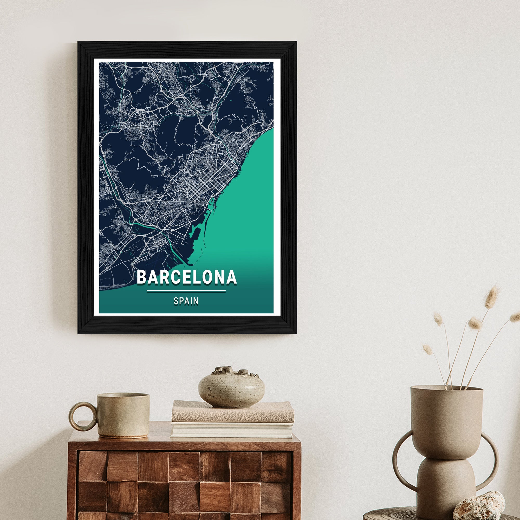 Plakat Granatowa Mapa Barcelony Rama Aluminiowa Kolor Czarny