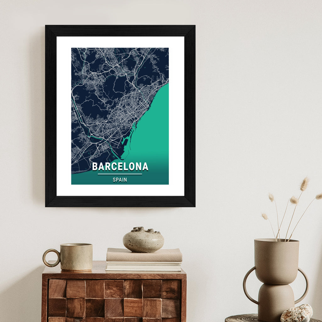 Plakat Granatowa Mapa Barcelony Rama Aluminiowa Kolor Czarny