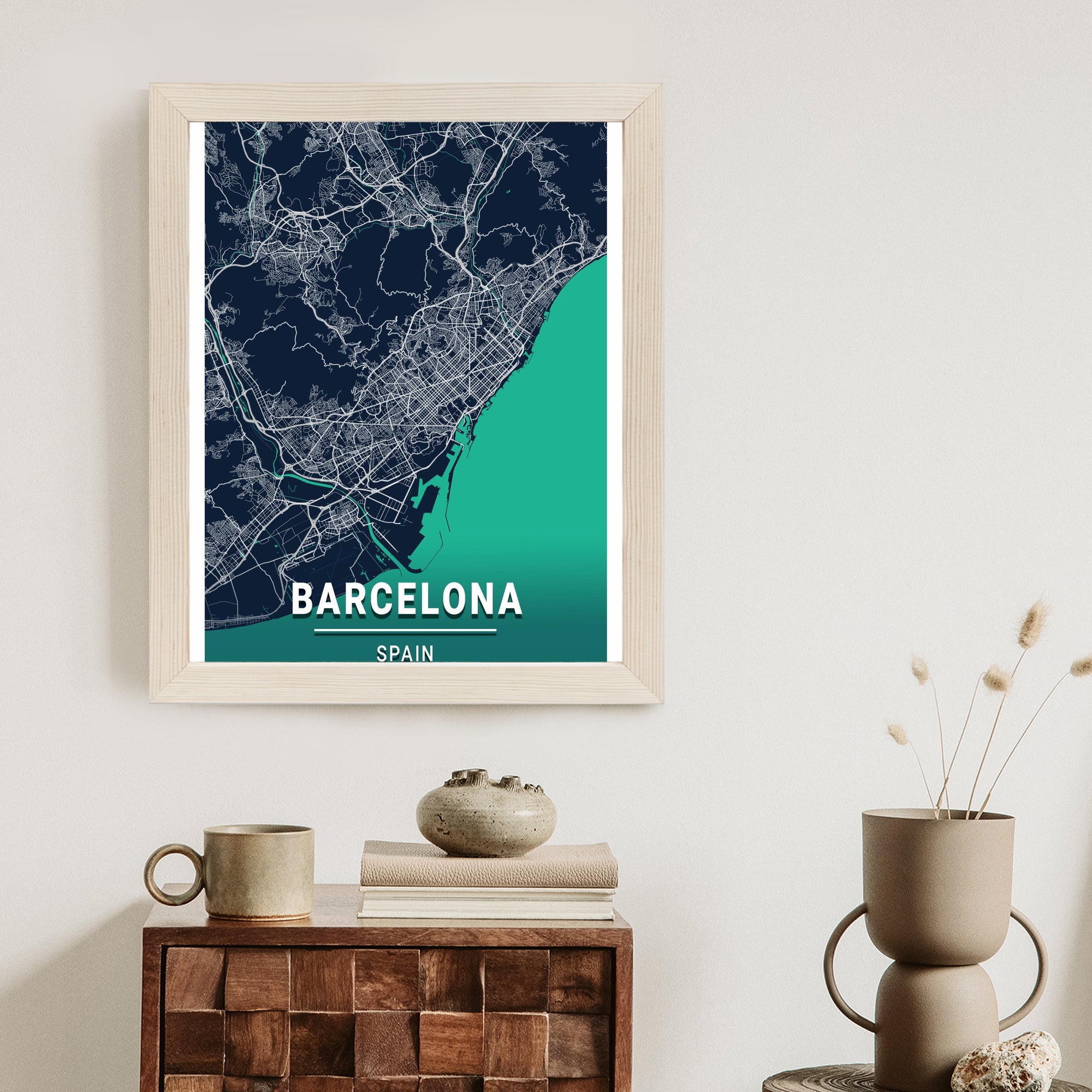 Plakat Granatowa Mapa Barcelony Rama Aluminiowa Kolor Czarny
