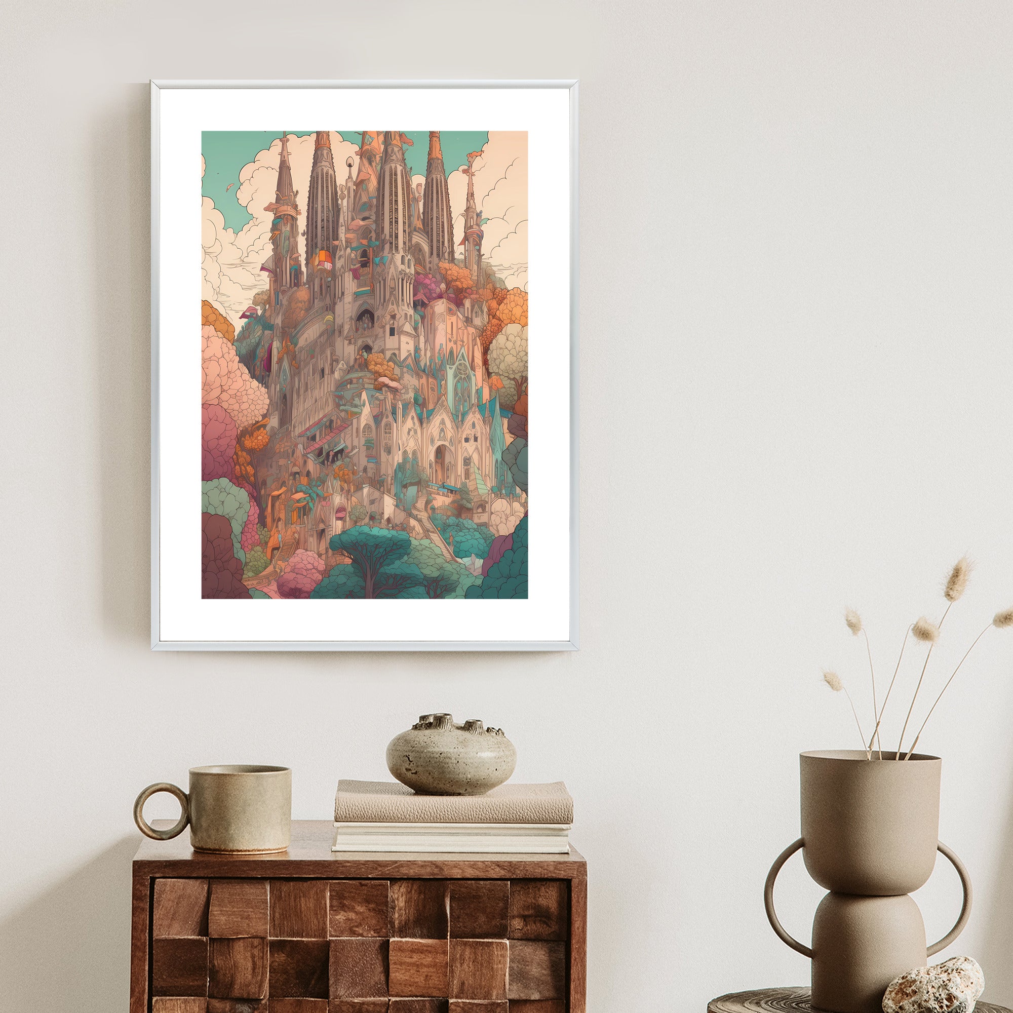 Plakat Sagrada Familia Kolorowa Ilustracja Rama Aluminiowa Kolor Czarny