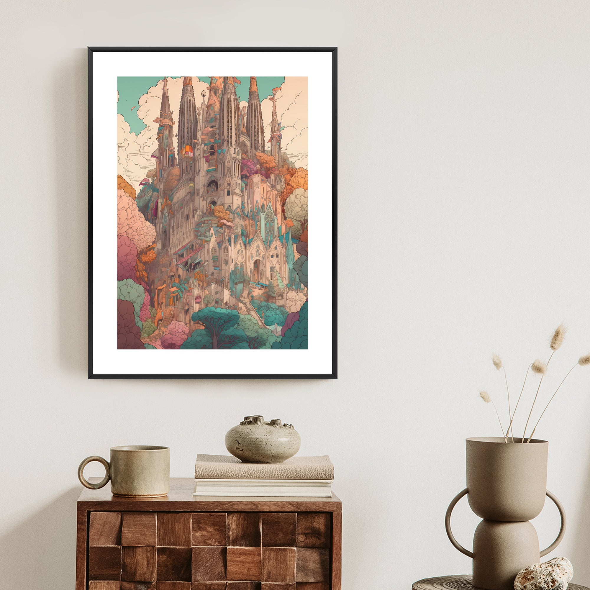 Plakat Sagrada Familia Kolorowa Ilustracja Rama Aluminiowa Kolor Czarny