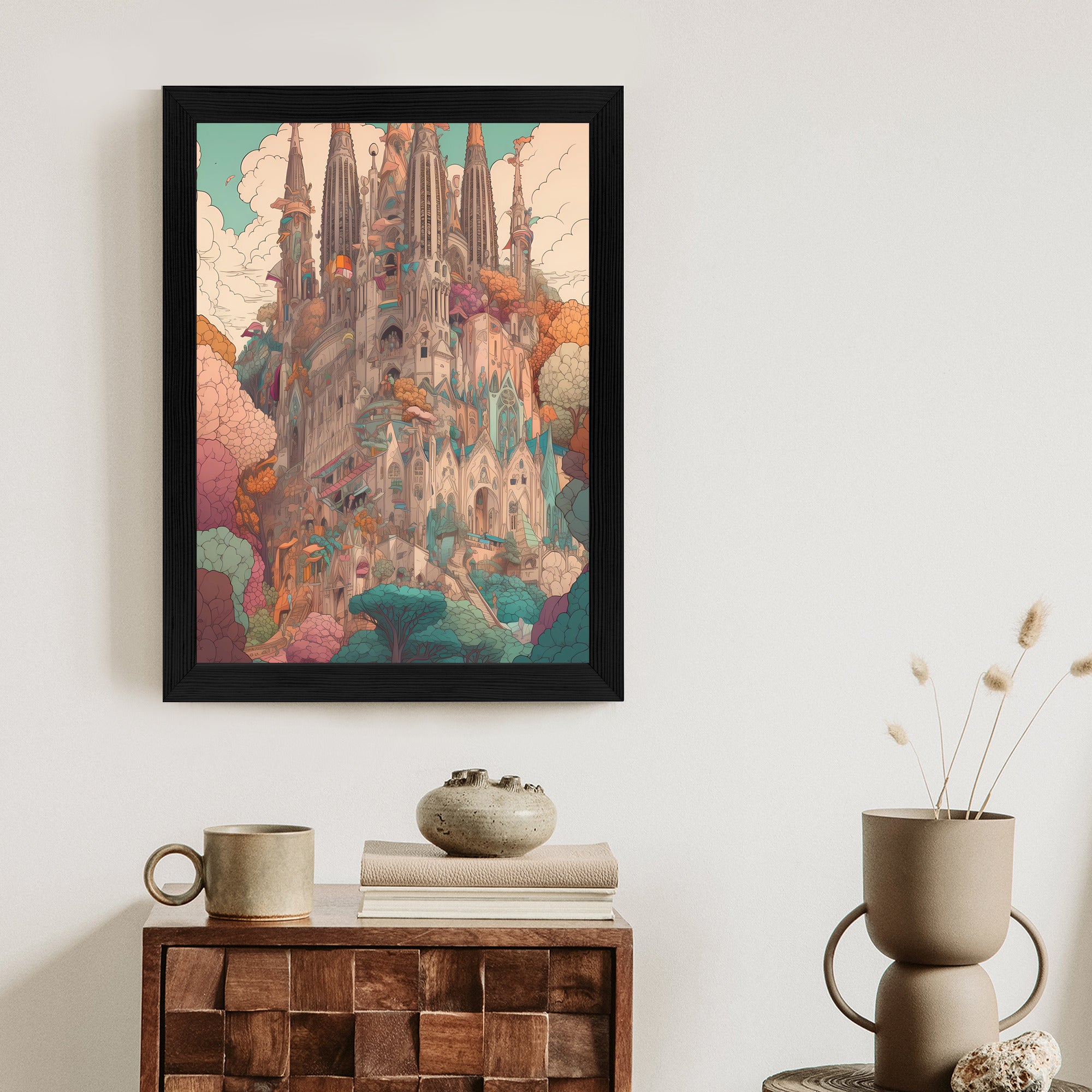 Plakat Sagrada Familia Kolorowa Ilustracja Rama Aluminiowa Kolor Czarny