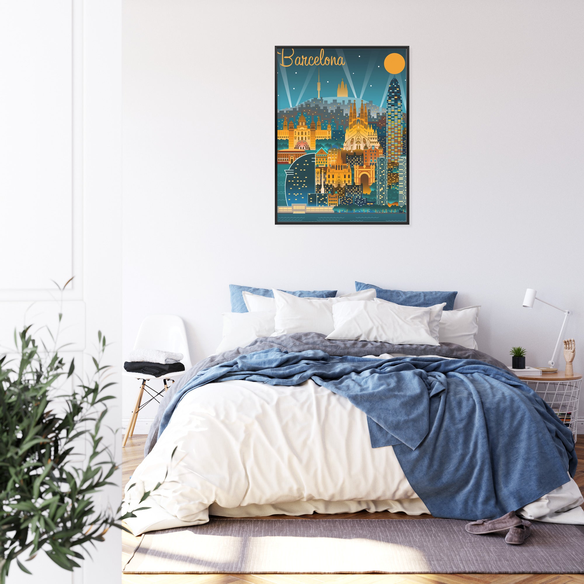 Plakat Barcelona Nocą Z Oświetlonymi Budynkami Rama Aluminiowa Kolor Czarny