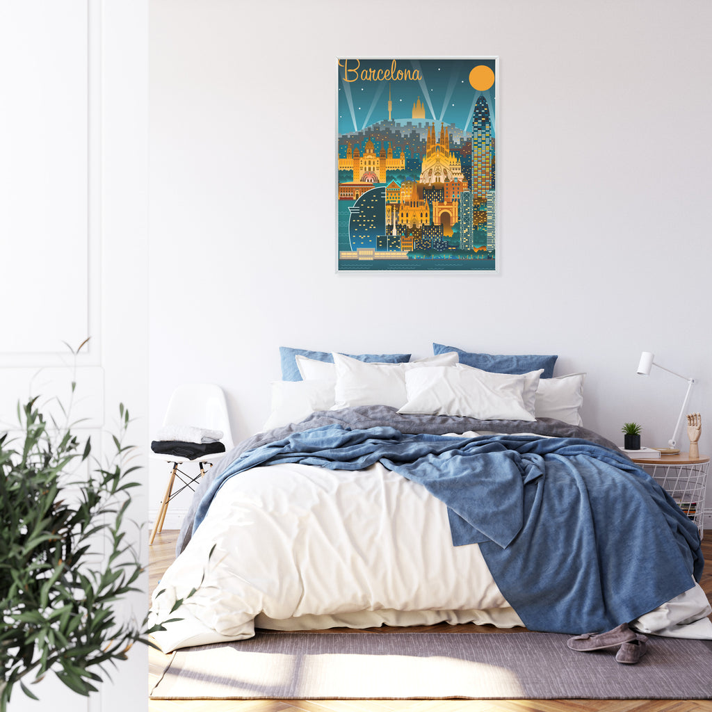 Plakat Barcelona Nocą Z Oświetlonymi Budynkami Rama Aluminiowa Kolor Czarny