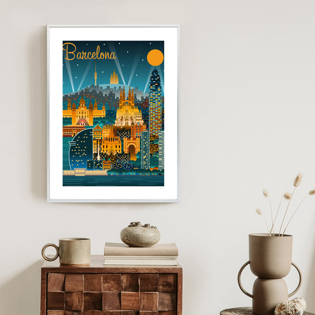 Plakat Barcelona Nocą Z Oświetlonymi Budynkami Rama Aluminiowa Kolor Czarny