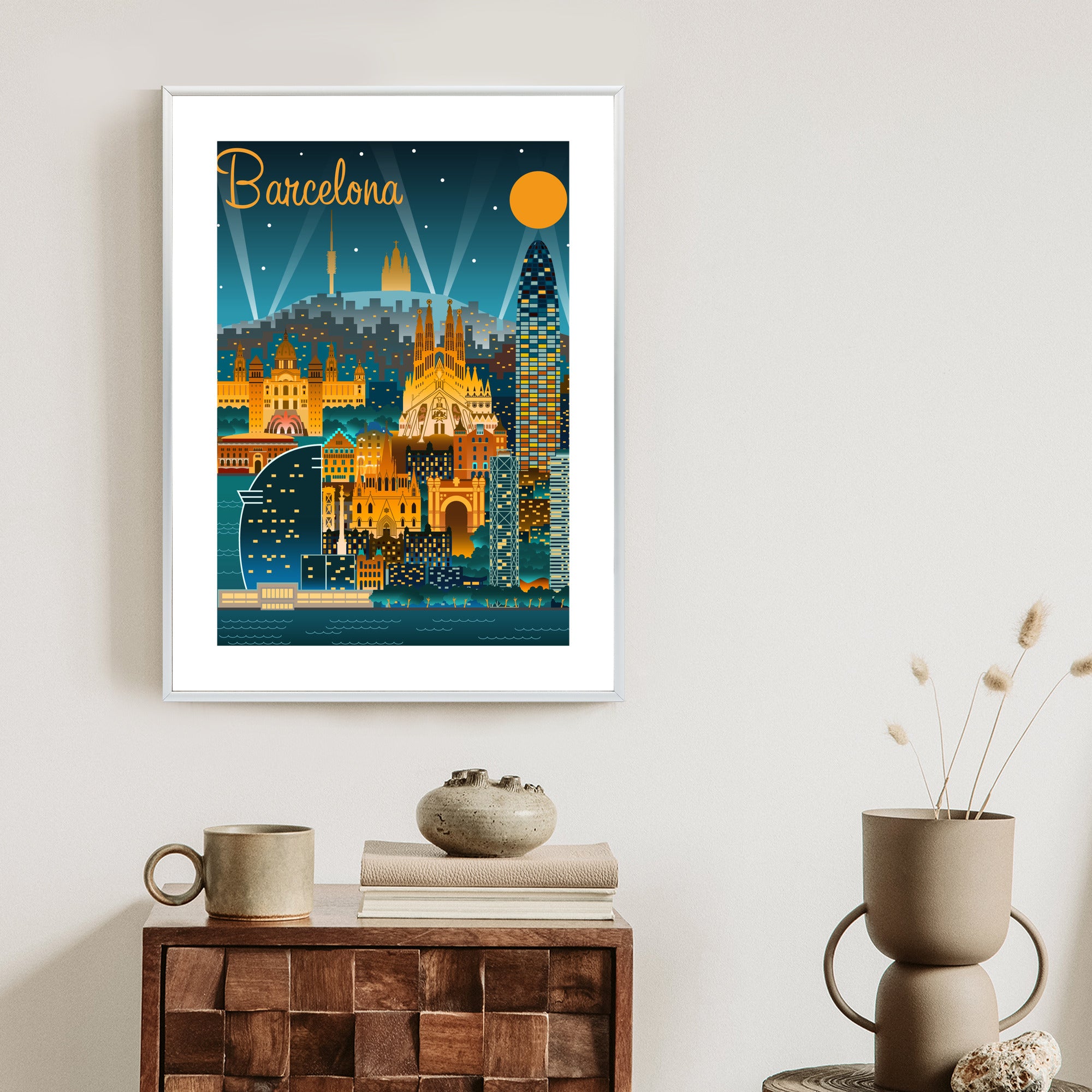 Plakat Barcelona Nocą Z Oświetlonymi Budynkami Rama Aluminiowa Kolor Czarny