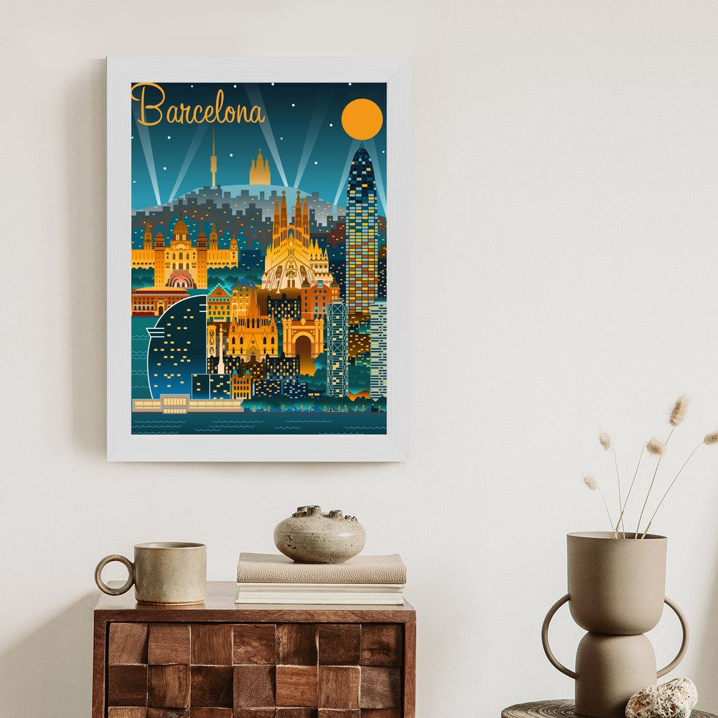 Plakat Barcelona Nocą Z Oświetlonymi Budynkami Rama Aluminiowa Kolor Czarny