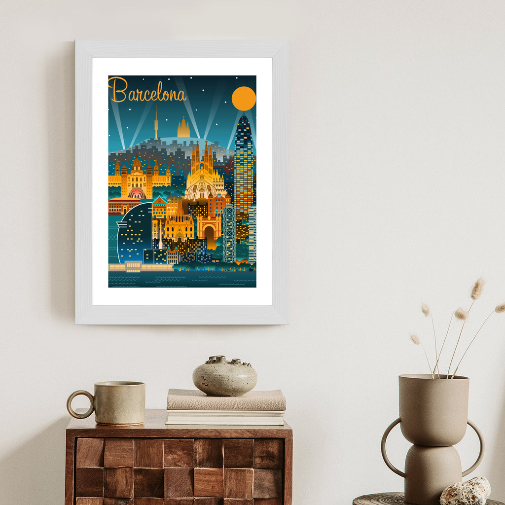 Plakat Barcelona Nocą Z Oświetlonymi Budynkami Rama Aluminiowa Kolor Czarny