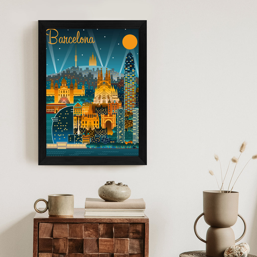 Plakat Barcelona Nocą Z Oświetlonymi Budynkami Rama Aluminiowa Kolor Czarny