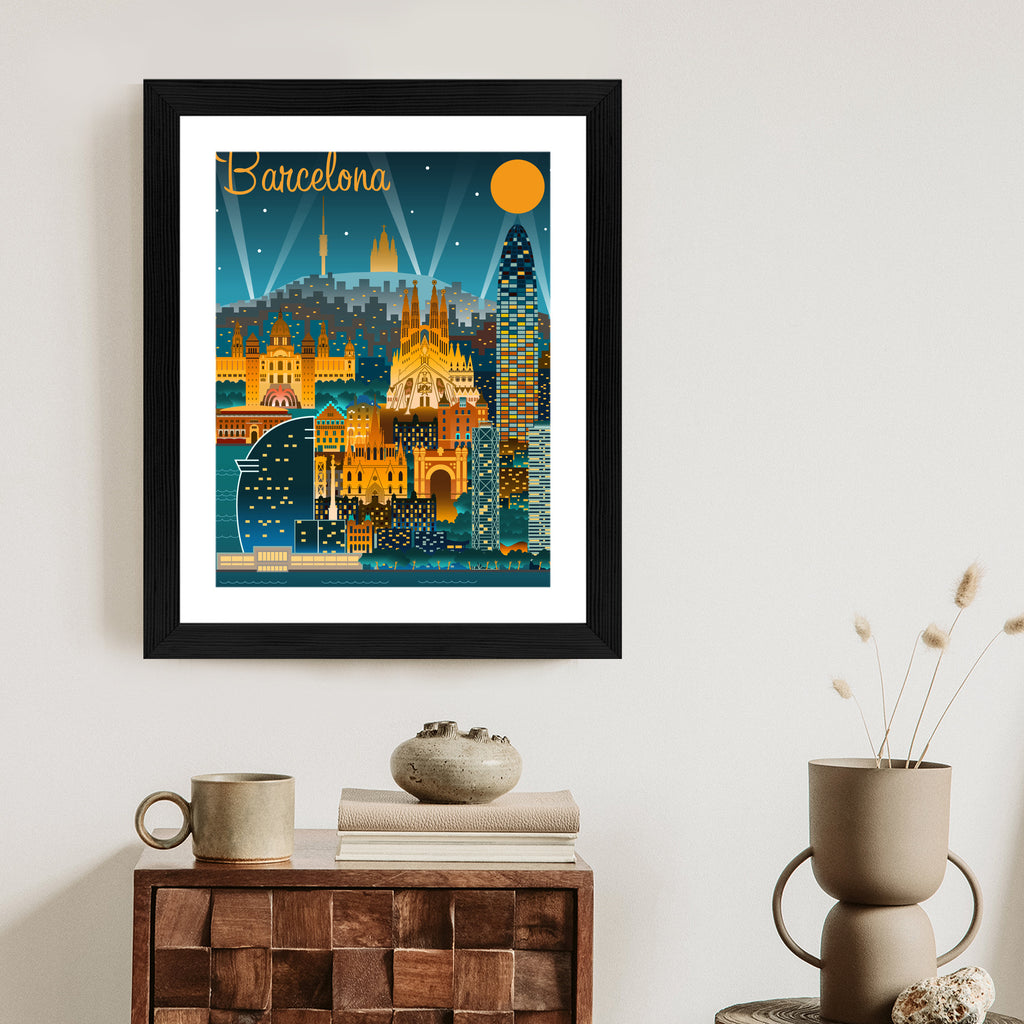 Plakat Barcelona Nocą Z Oświetlonymi Budynkami Rama Aluminiowa Kolor Czarny