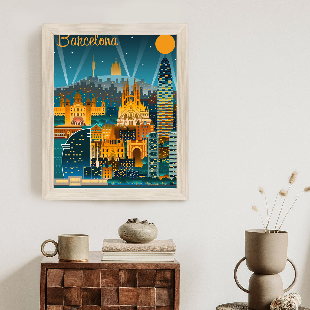 Plakat Barcelona Nocą Z Oświetlonymi Budynkami Rama Aluminiowa Kolor Czarny