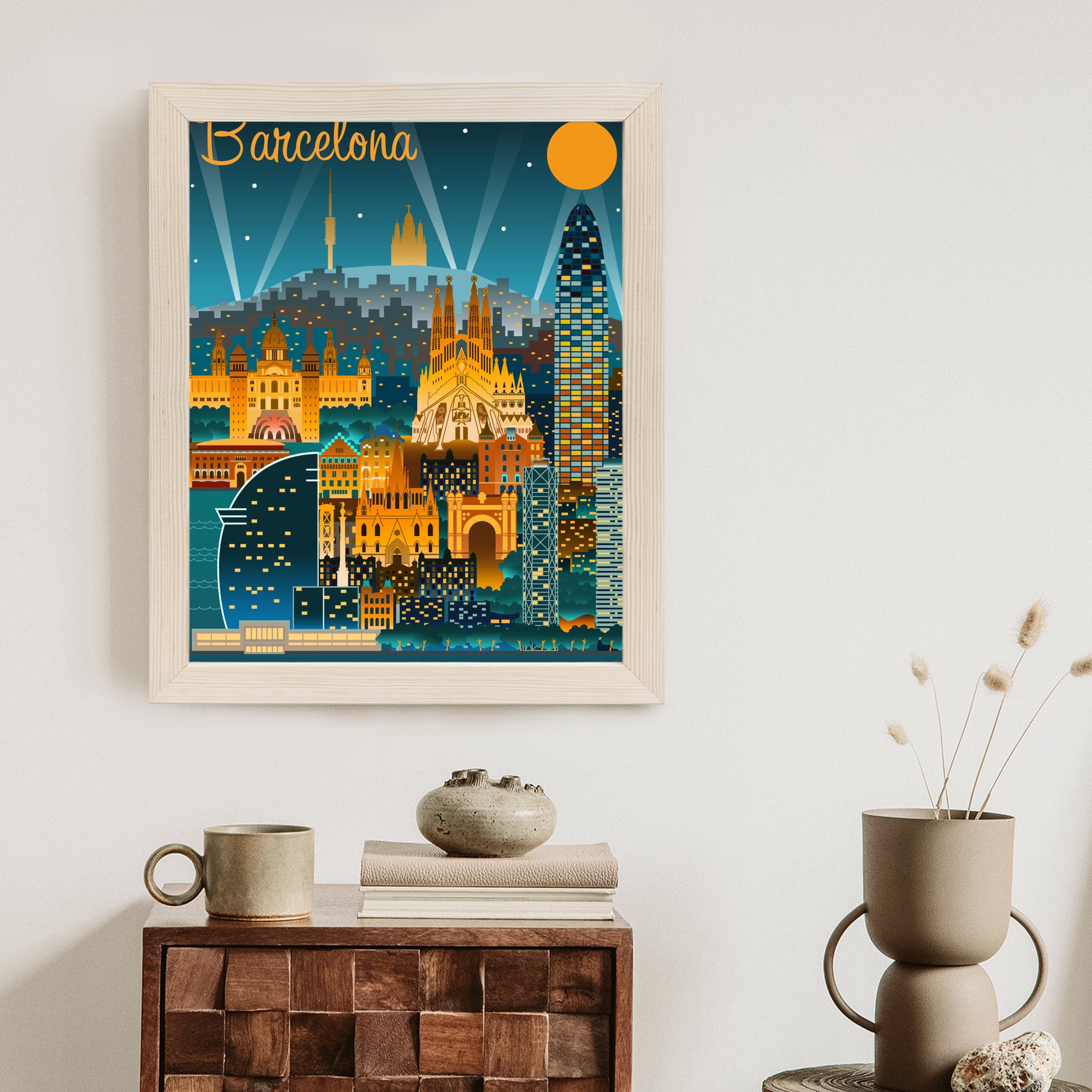Plakat Barcelona Nocą Z Oświetlonymi Budynkami Rama Aluminiowa Kolor Czarny