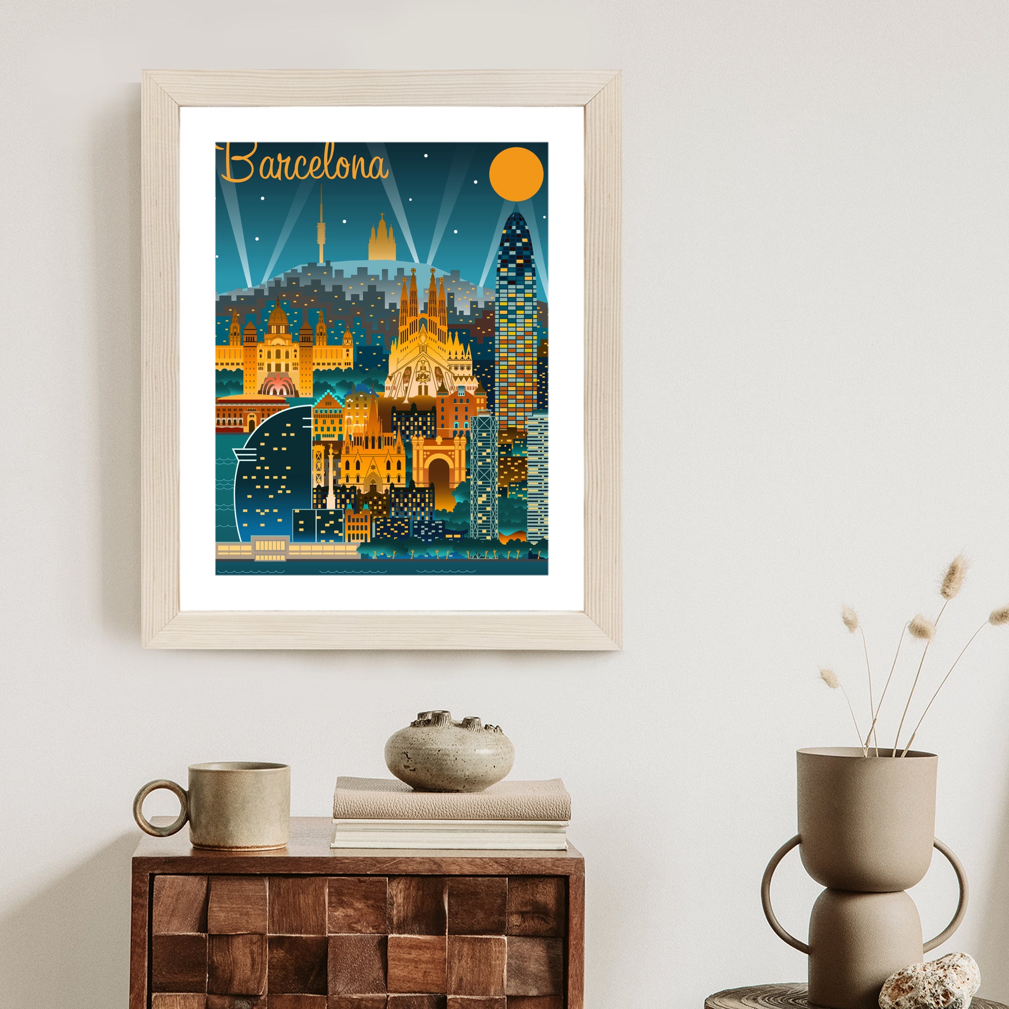 Plakat Barcelona Nocą Z Oświetlonymi Budynkami Rama Aluminiowa Kolor Czarny