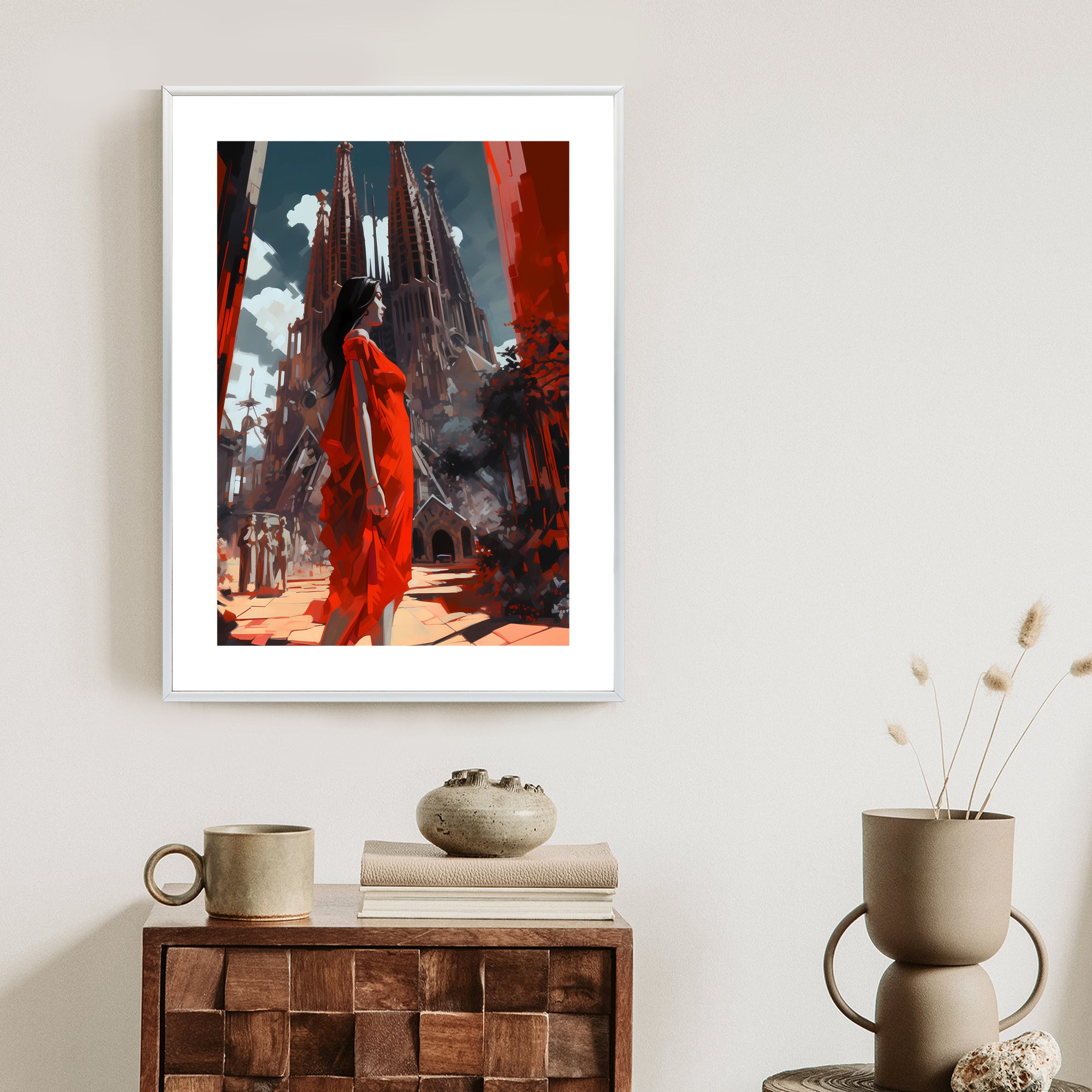 Plakat Kobieta W Czerwonej Sukience W Barcelonie Rama Aluminiowa Kolor Czarny