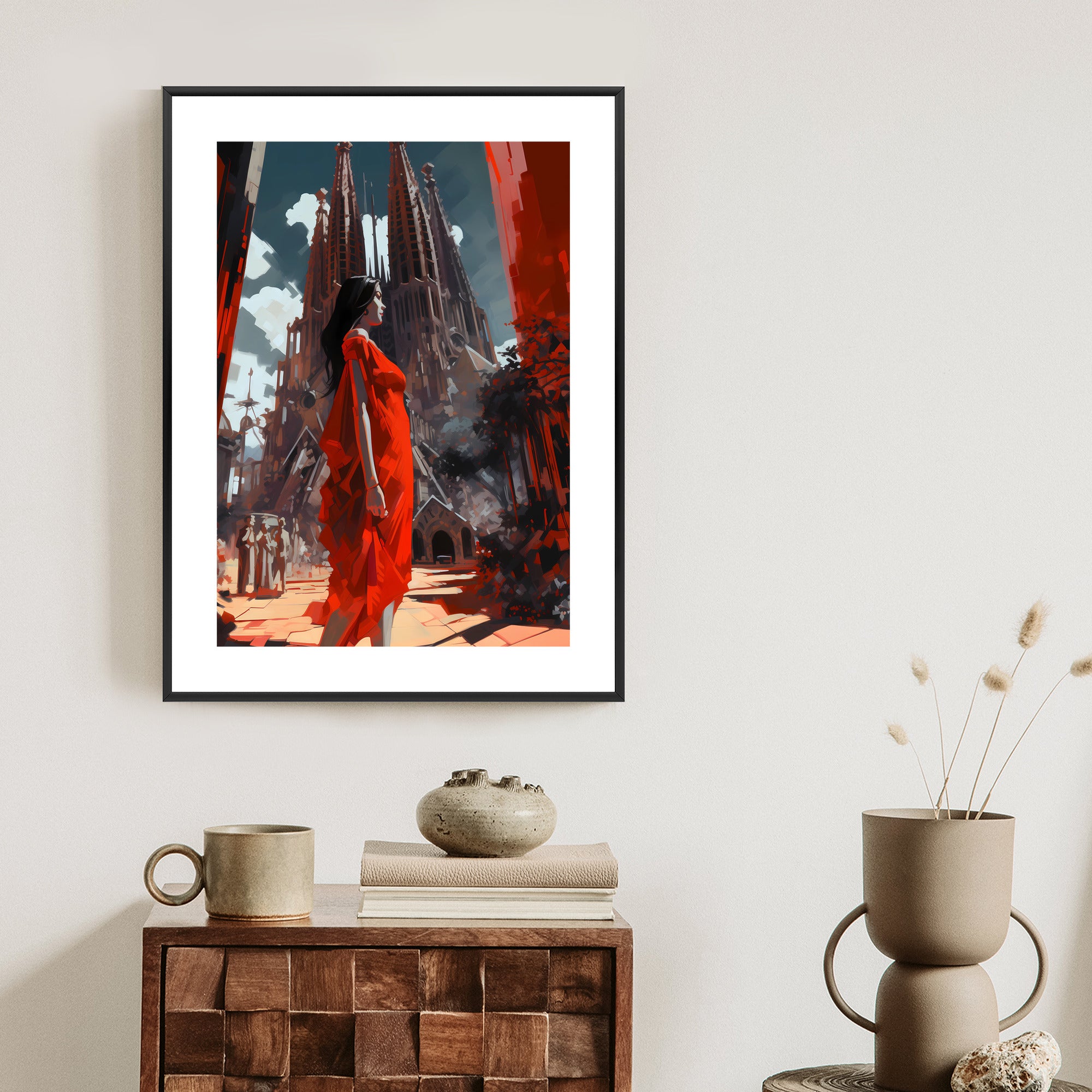Plakat Kobieta W Czerwonej Sukience W Barcelonie Rama Aluminiowa Kolor Czarny