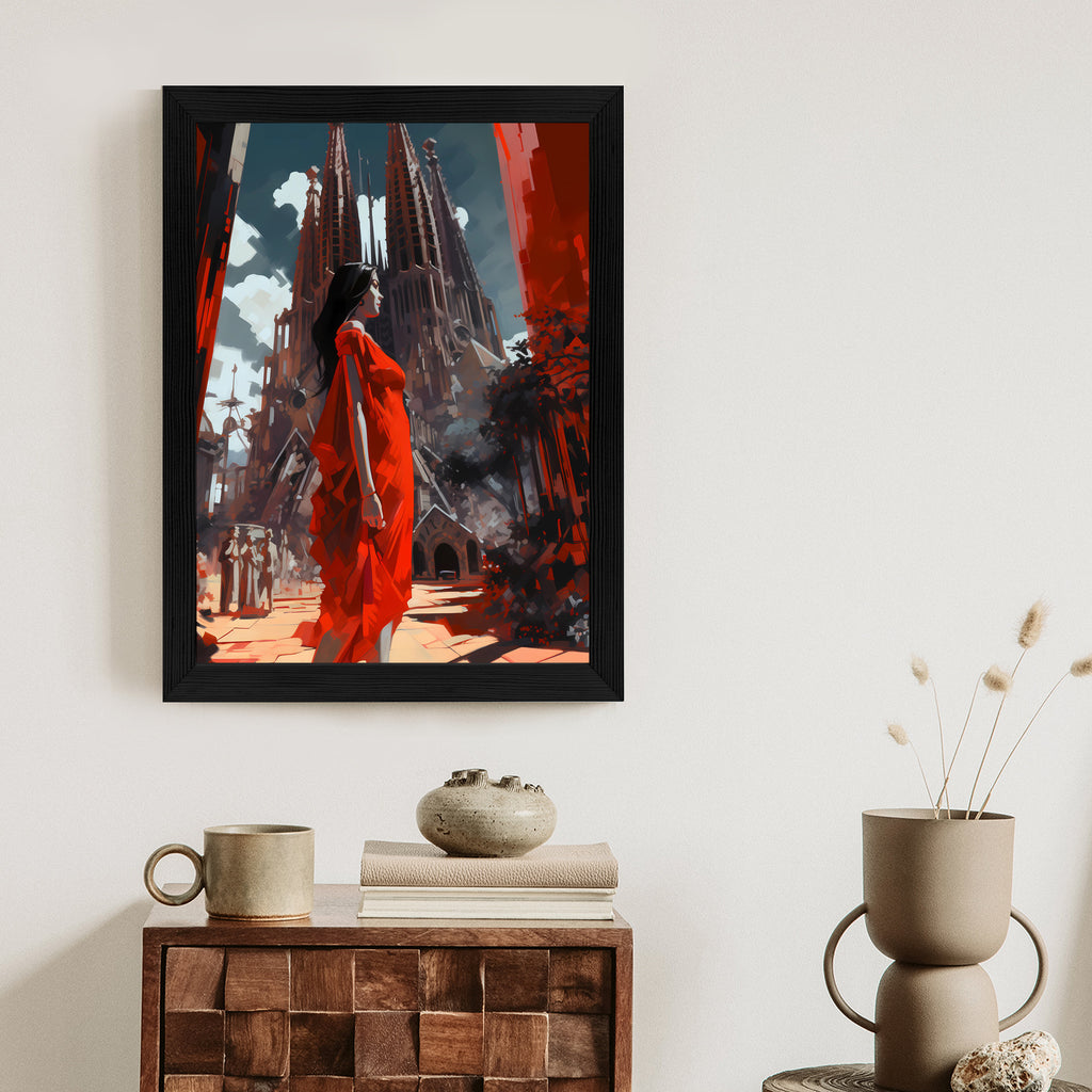 Plakat Kobieta W Czerwonej Sukience W Barcelonie Rama Aluminiowa Kolor Czarny