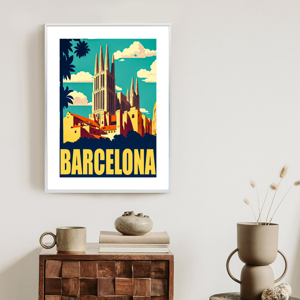 Plakat Napis Barcelona Z Sagrada Familia W Tle Rama Aluminiowa Kolor Czarny