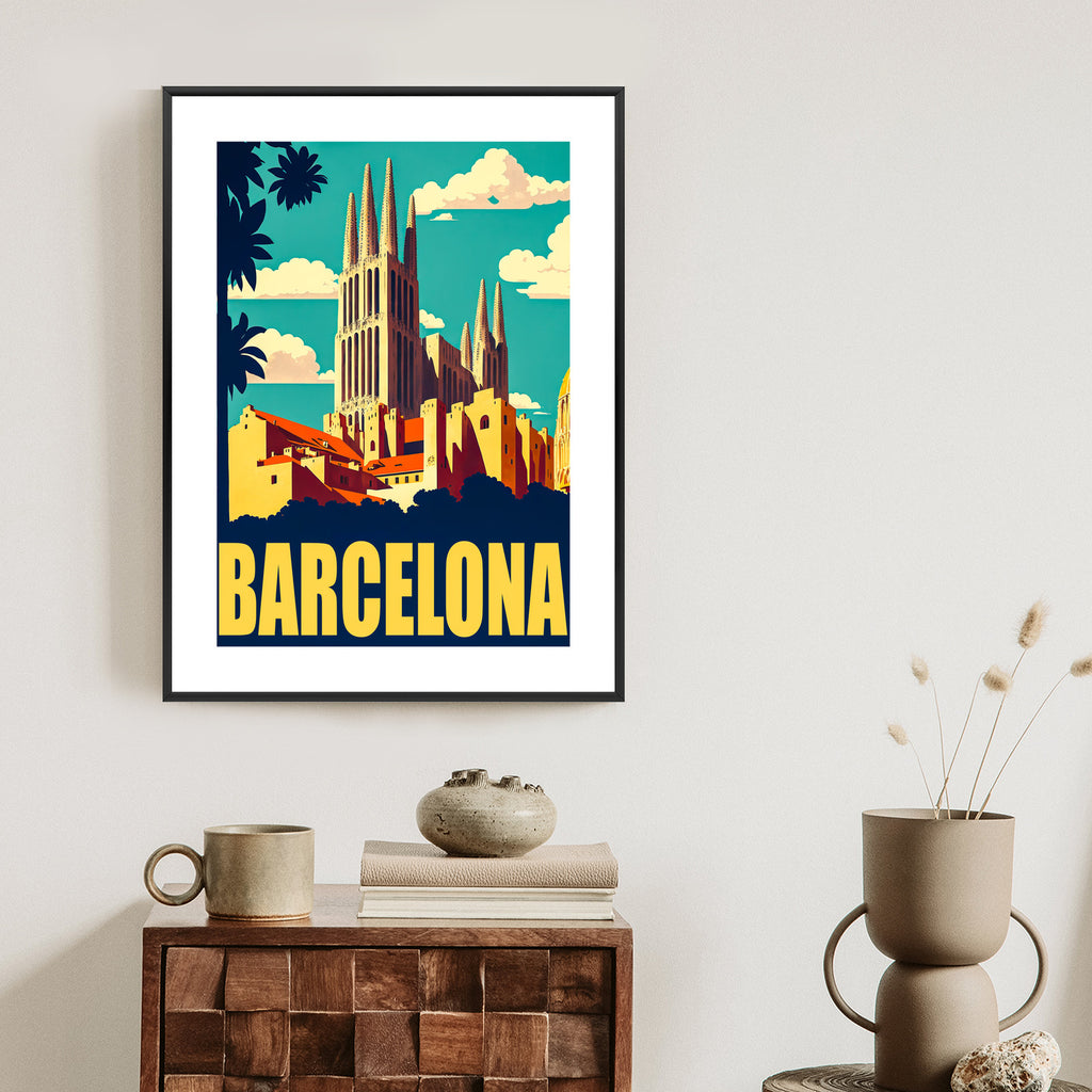 Plakat Napis Barcelona Z Sagrada Familia W Tle Rama Aluminiowa Kolor Czarny