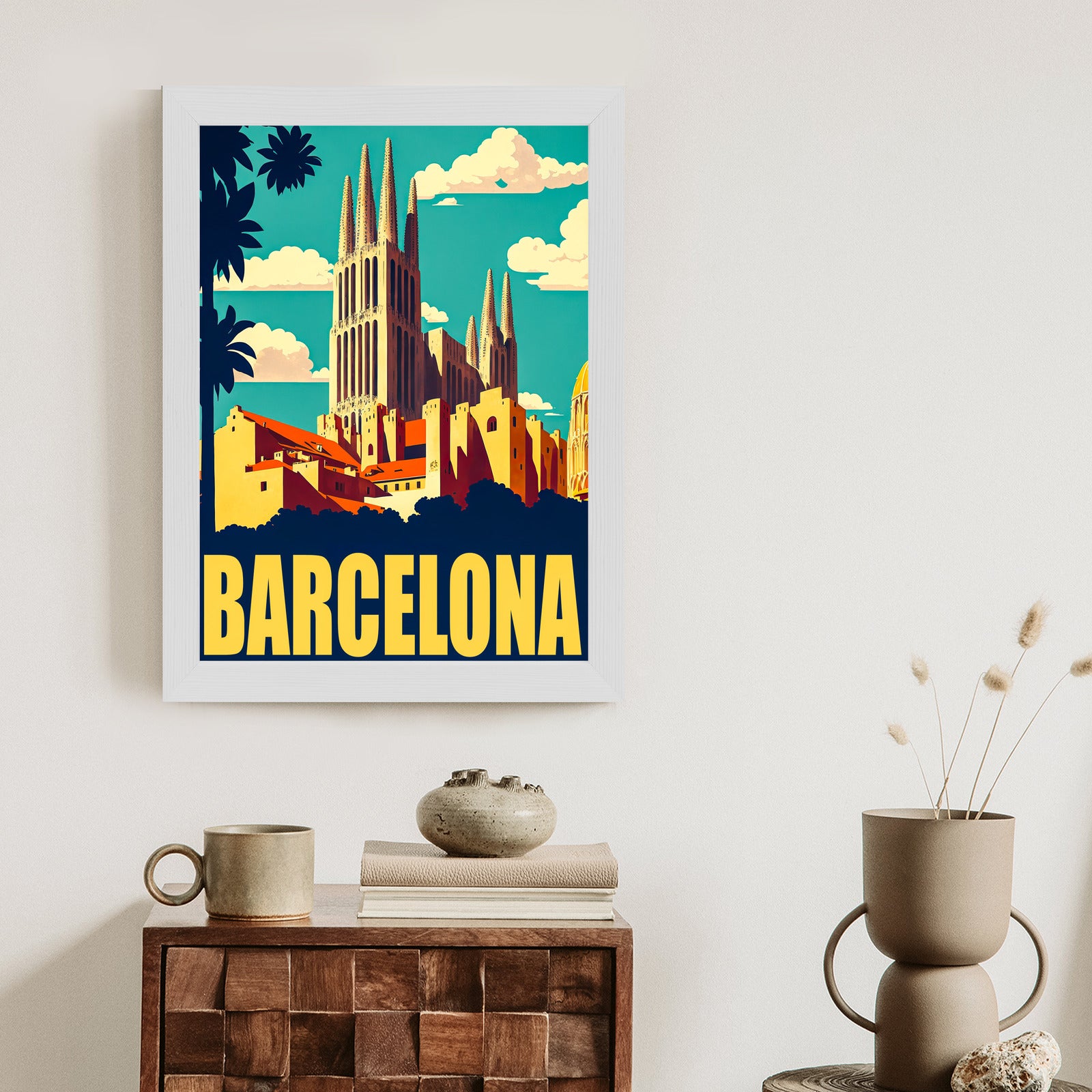 Plakat Napis Barcelona Z Sagrada Familia W Tle Rama Aluminiowa Kolor Czarny